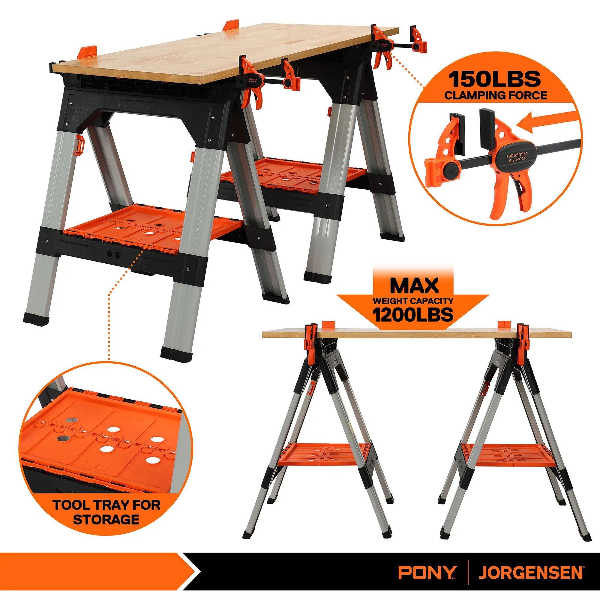 PONY 2-Pack Heavy Duty Folding Sawhorses with Clamps